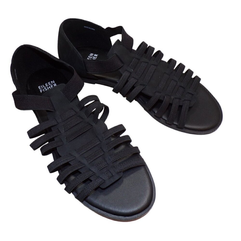 Eileen Fisher‎ Rato Black Tumbled Nubuck & Elastic Flat Sandals sz 7 NEW